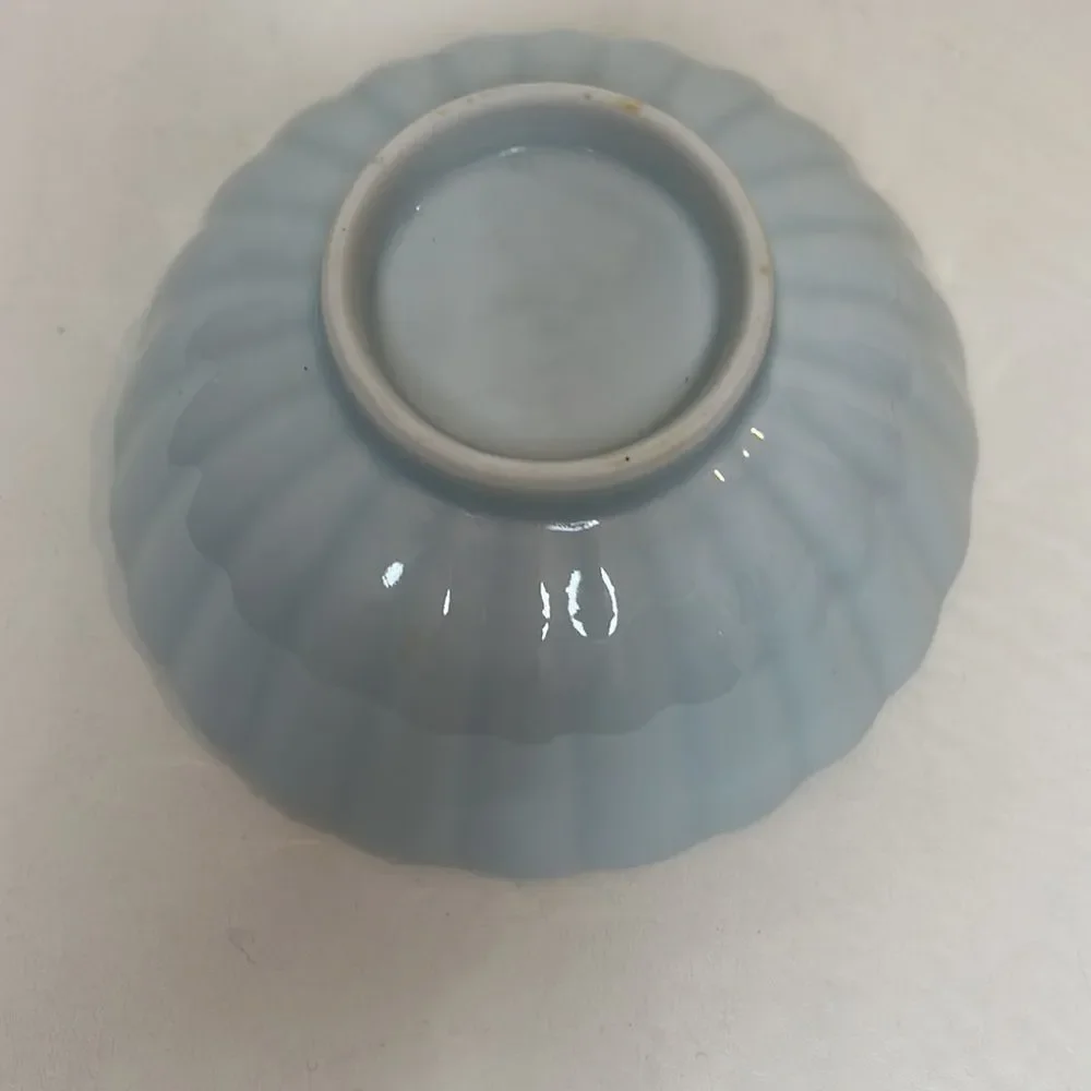 Porcelain Bowl 4 3/4 In Round 1 3/4 In Tall Vintage Sea Stripe Blue Green Ribbed